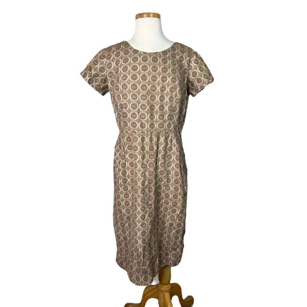 Vintage 60s Short Sleeve Boatneck Sheath Midi Dress FLAW Geometric Brown M/L